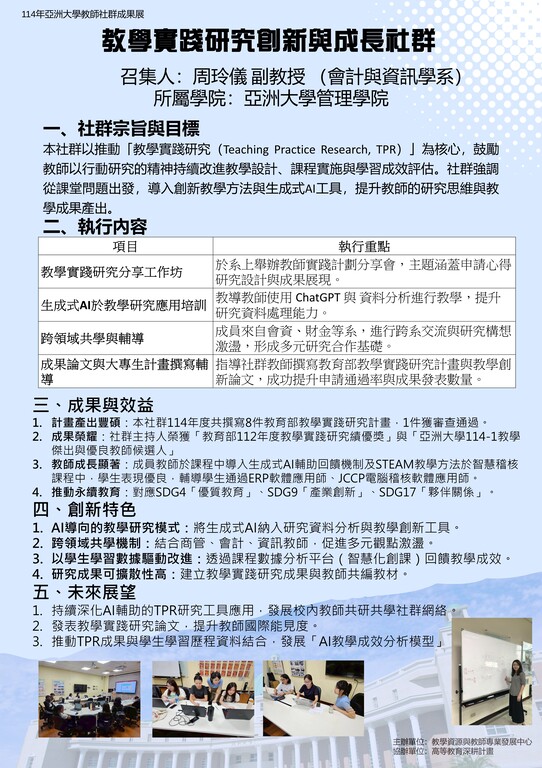 教學實踐研究創新與成長社群
召集人 : 會計與資訊學系_周玲儀