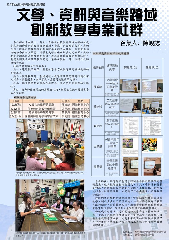 文學、資訊與音樂跨域創新教學專業社群
召集人:陳峻誌